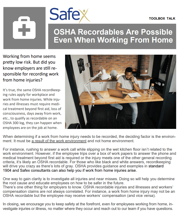 Toolbox talk about how OSHA recordables are possible even when working from home